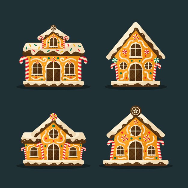 Colección casitas de jengibre planas dibujadas a mano