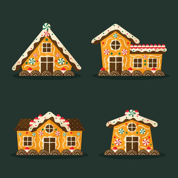 Colección casitas de jengibre planas dibujadas a mano