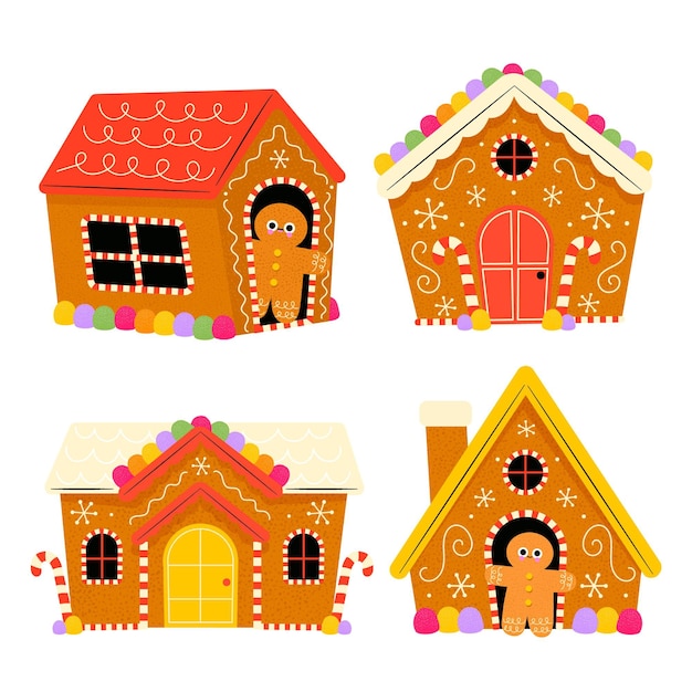 Colección casitas de jengibre planas dibujadas a mano