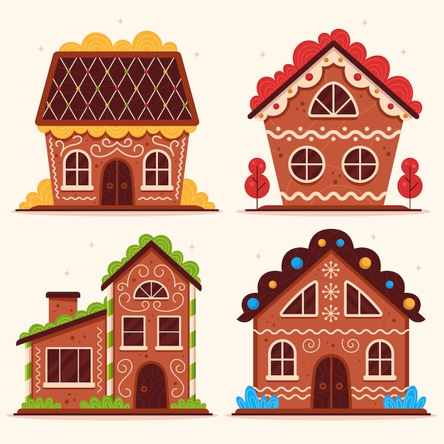 Colección casitas de jengibre planas dibujadas a mano