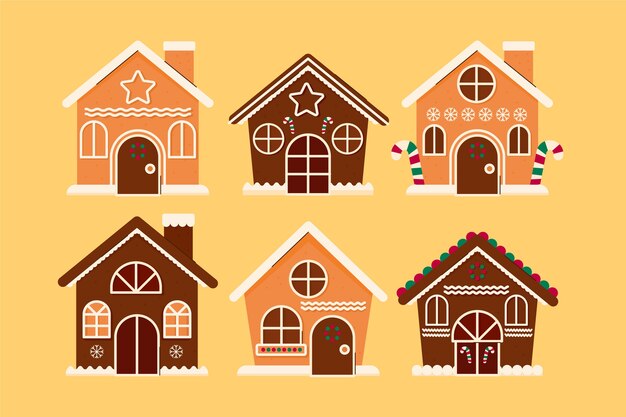 Colección casitas de jengibre planas dibujadas a mano