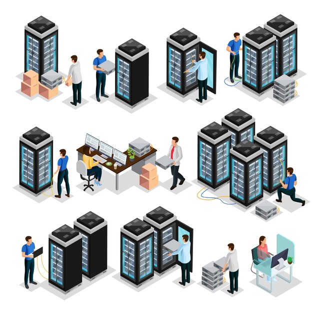 Colección de centros de datos isométricos con ingenieros que reparan y mantienen equipos de servidores de alojamiento aislados