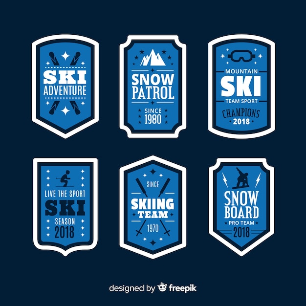 Vector gratuito colección de chapas de esquí y snow en diseño plano