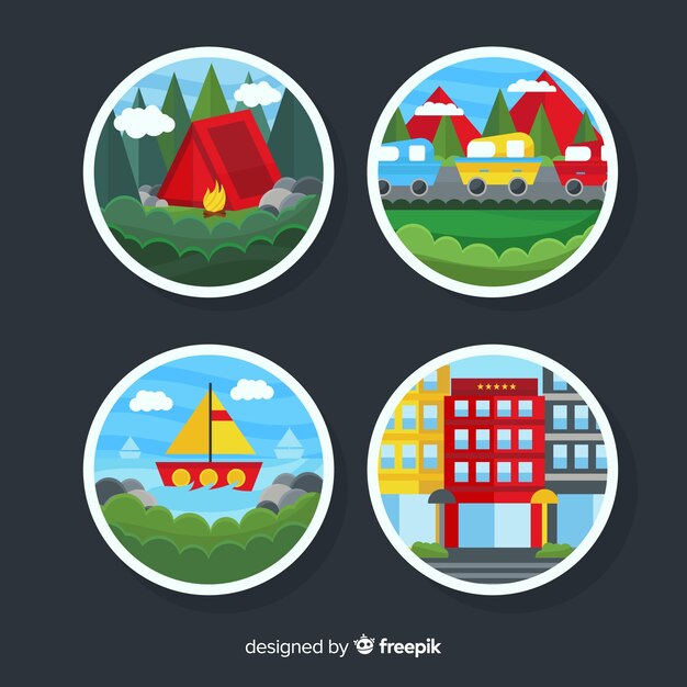 Colección chapas planas escenas viajes