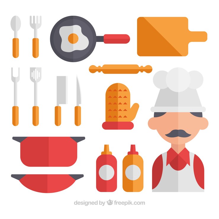 Vector gratuito colección de chef y utensilios de cocina en diseño plano 