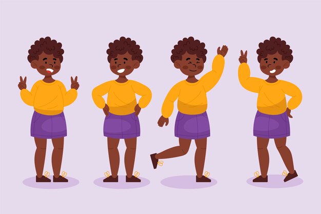 Colección de chica negra dibujada a mano plana en diferentes poses