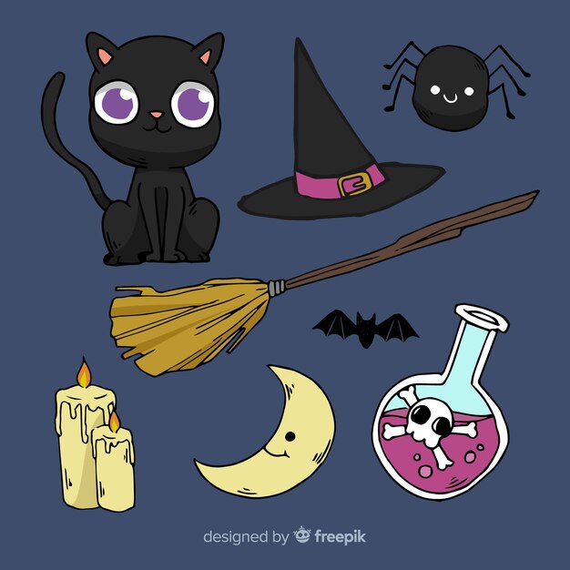 Colección clásica de elementos de halloween dibujados a mano