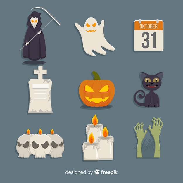 Vector gratuito colección clásica de elementos de halloween con diseño plano