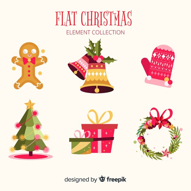 Colección clásica de elementos de navidad con diseño plano