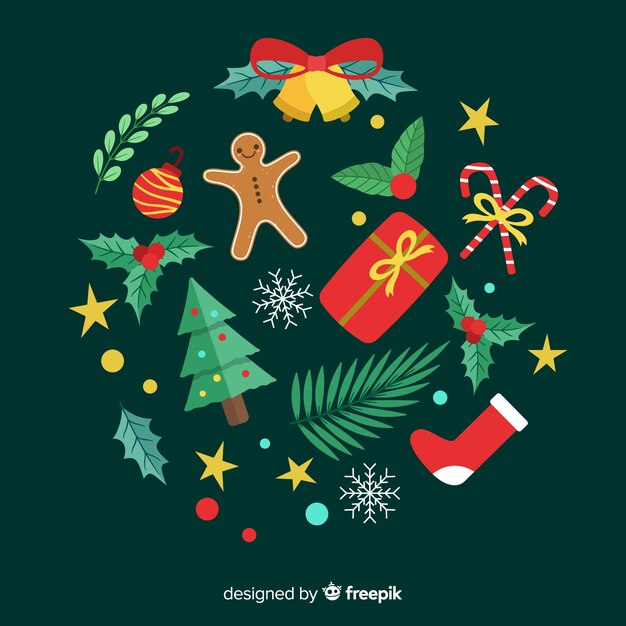 Colección clásica de elementos de navidad con diseño plano