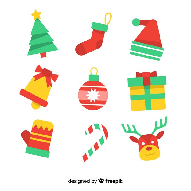 Colección clásica de elementos de navidad con diseño plano