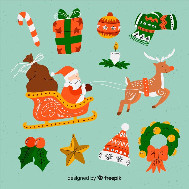 Colección clásica de elementos de navidad con diseño plano