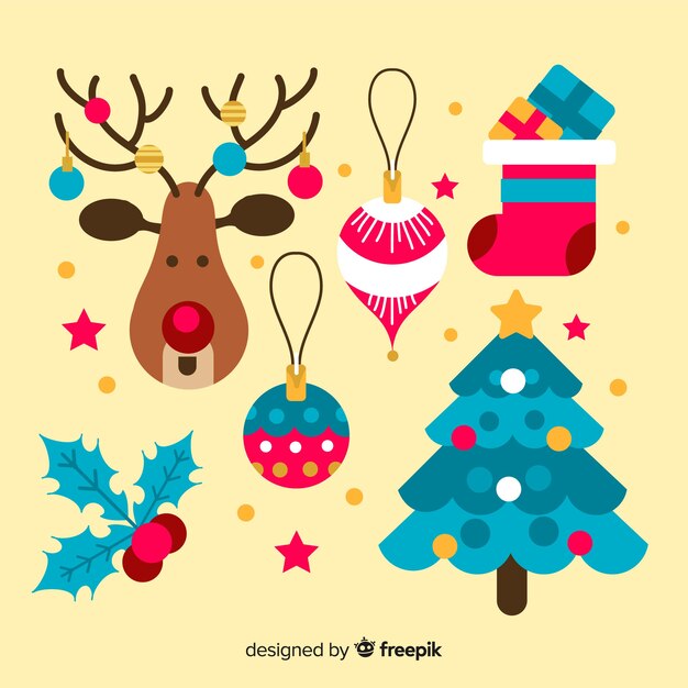 Colección clásica de elementos de navidad con diseño plano