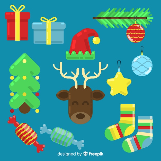 Colección clásica de elementos de navidad con diseño plano