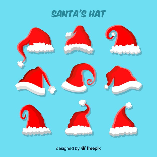 Colección clásica de gorros de santa claus con diseño plano