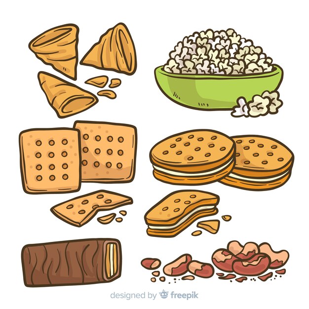 Colección clásica de snacks dibujados a mano.