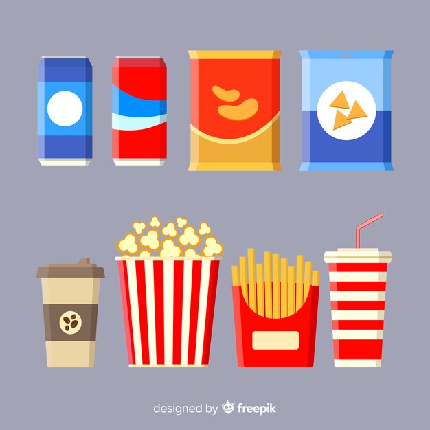 Colección clásica de snacks con diseño plano
