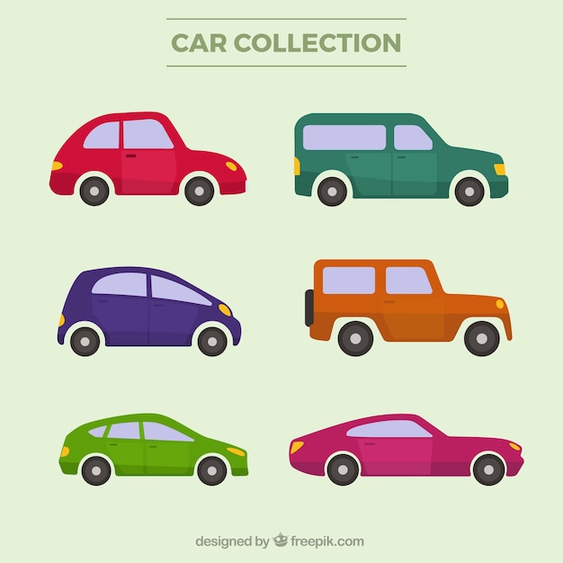 Vector gratuito colección de coches de colores en diseño plano