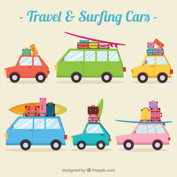 Vector gratuito colección de coches de viaje y surf