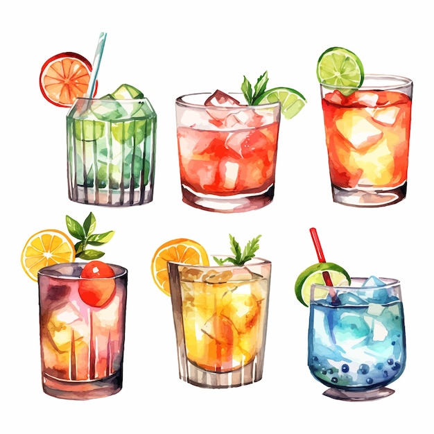 Colección de cócteles de alcohol Ilustración acuarela Bebidas clipart