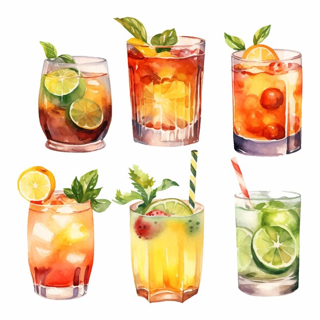 Colección de cócteles de alcohol Ilustración acuarela Bebidas clipart