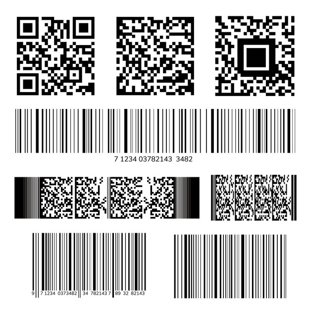 Colección de códigos de barras y códigos QR.