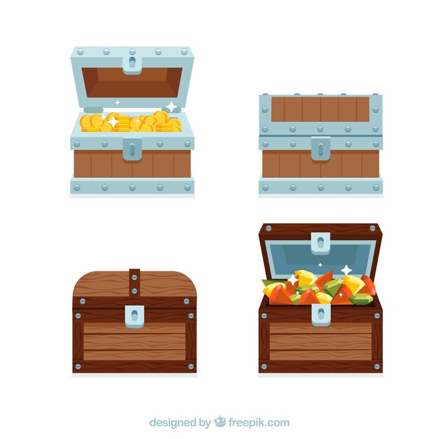Colección de cofres del tesoro abiertos y cerrados con diseño plano