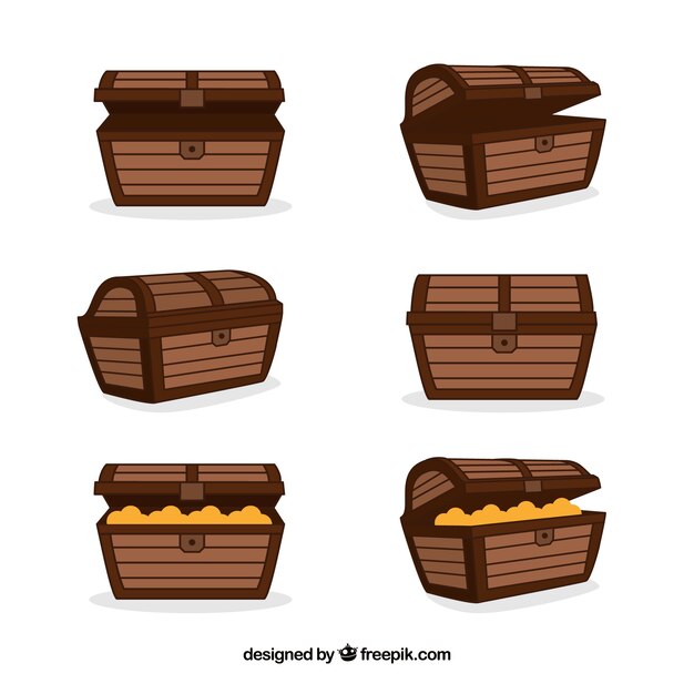 Colección de cofres del tesoro abiertos y cerrados