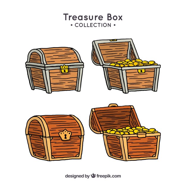 Colección de cofres del tesoro de madera dibujados a mano