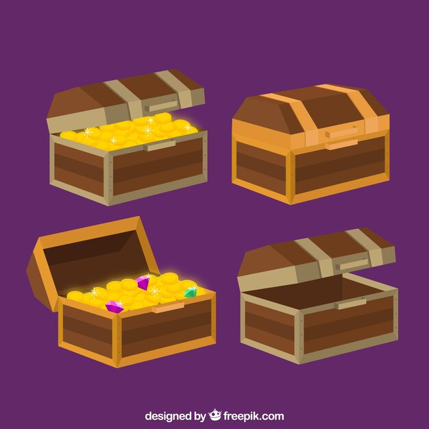 Colección de cofres del tesoro de madera con diseño plano