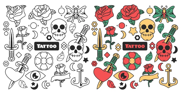 Colección de color de tatuaje y garabatos monocromáticos, arte de línea de tatuaje establecido