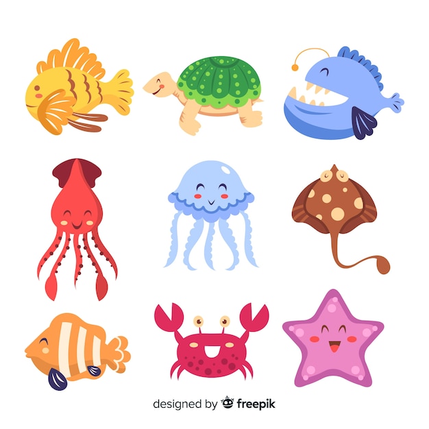 Colección colorida de animales marinos kawaii