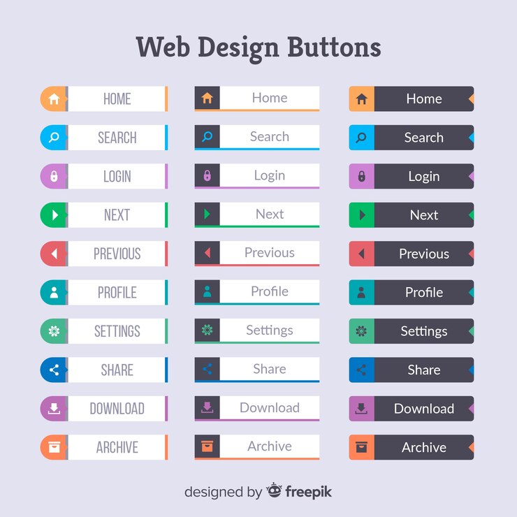 Vector gratuito colección colorida de botones para diseño web con diseño plano