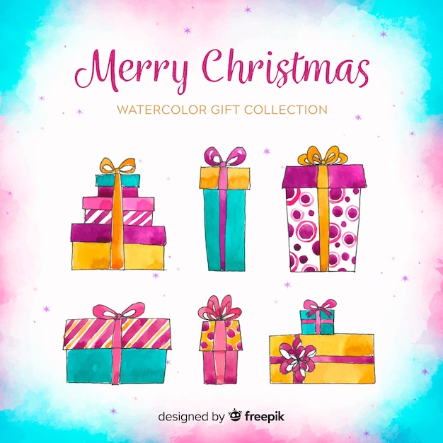 Vector gratuito colección colorida de cajas de regalos de navidad en acuarela