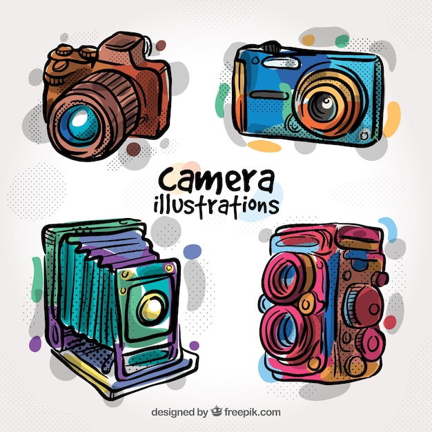Colección colorida de cámaras en acuarela