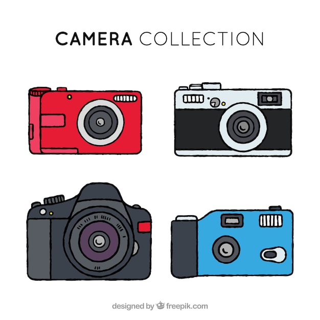 Colección colorida de cámaras dibujadas a mano