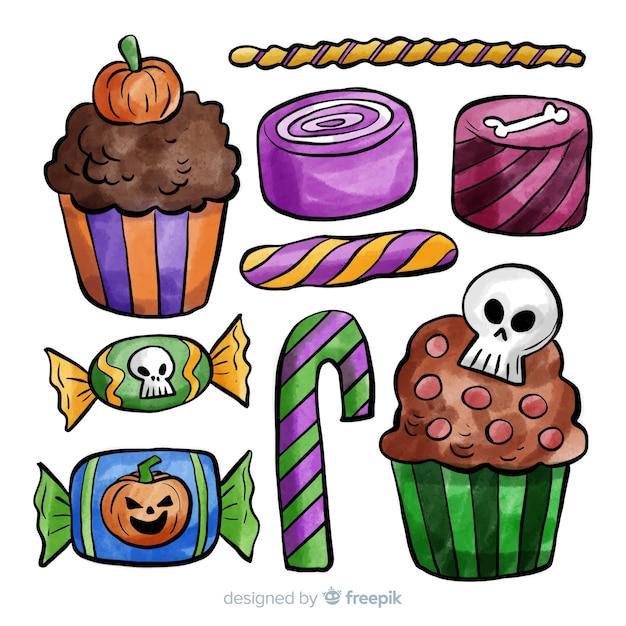 Vector gratuito colección colorida de caramelos de halloween en acuarela