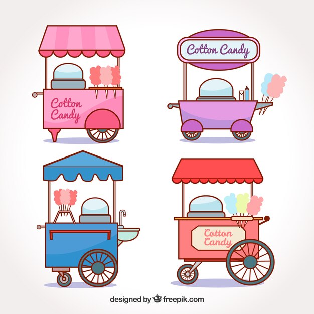 Colección colorida de carritos de algodón de azúcar
