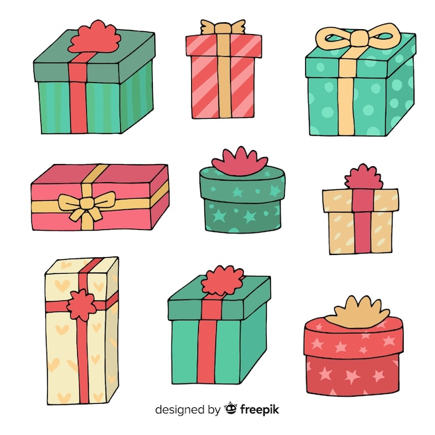 Vector gratuito colección colorida dibujada a mano de cajas de regalos de navidad