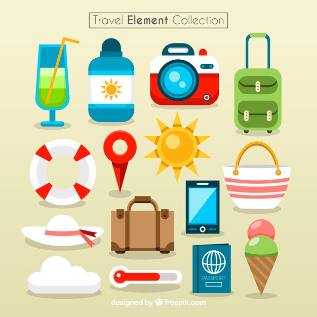 Colección colorida de elementos de viaje