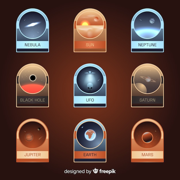 Vector gratuito colección colorida de insignias del espacio con diseño plano