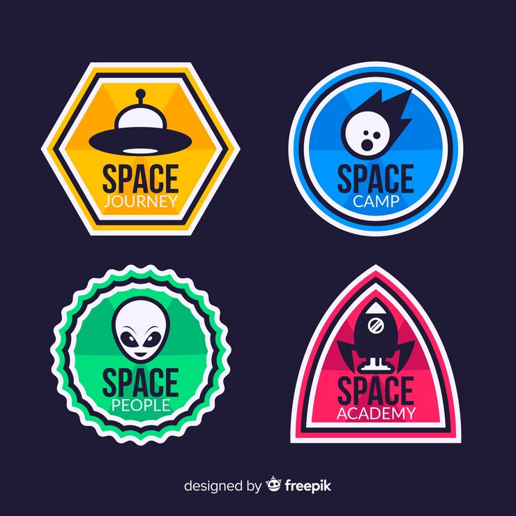 Vector gratuito colección colorida de insignias del espacio con diseño plano