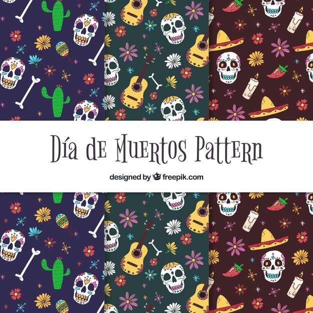 Colección colorida de patrones del día de muertos dibujados a mano