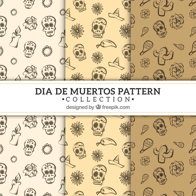 Colección colorida de patrones del día de muertos dibujados a mano