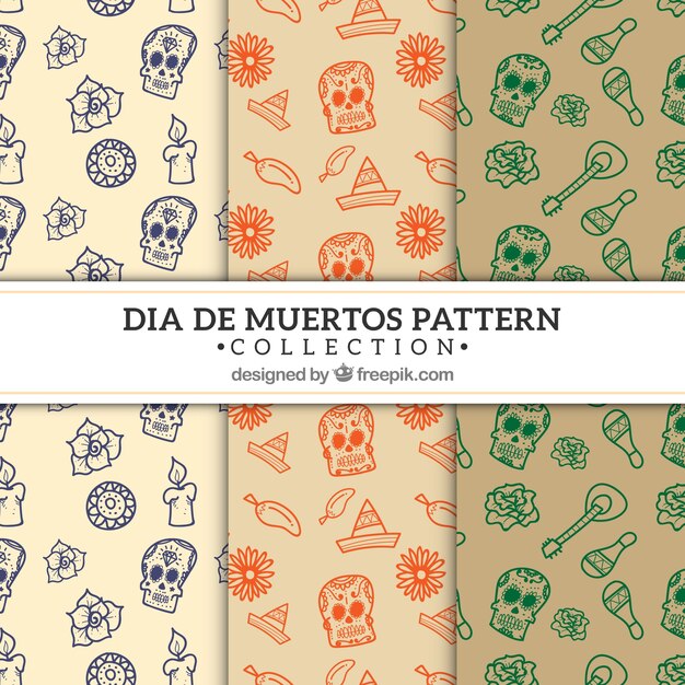 Colección colorida de patrones del día de muertos dibujados a mano