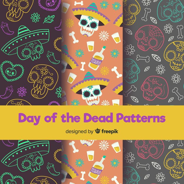 Colección colorida de patrones del día de muertos dibujados a mano