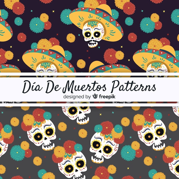 Colección colorida de patrones del día de muertos con diseño plano
