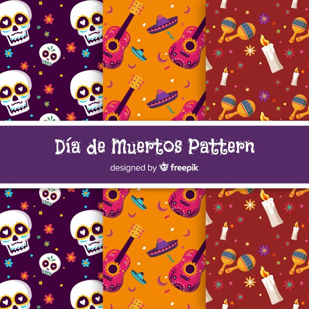 Colección colorida de patrones del día de muertos con diseño plano