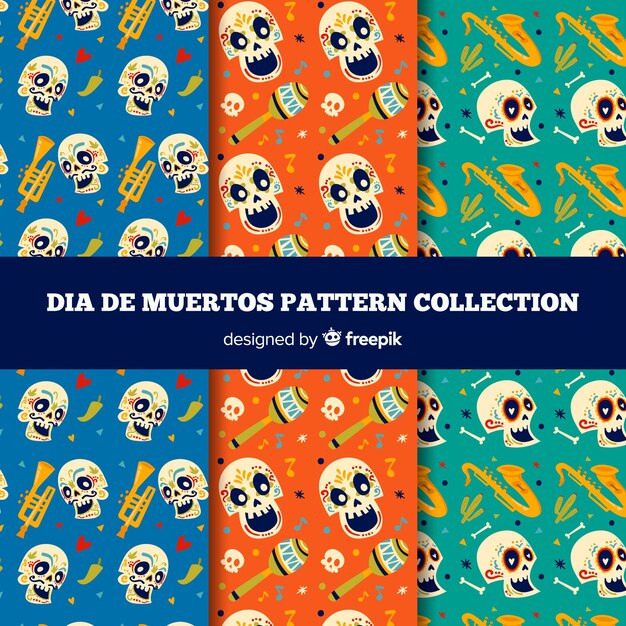 Colección colorida de patrones del día de muertos con diseño plano