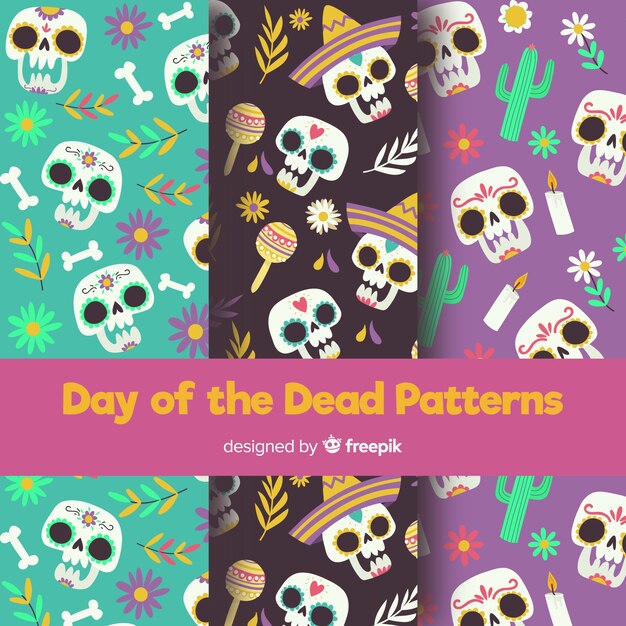 Colección colorida de patrones del día de muertos con diseño plano